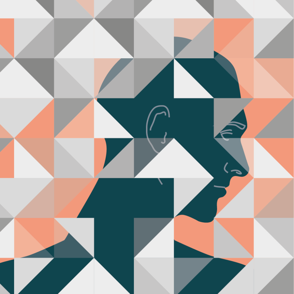 Poster of the M2.1 project, showing simple artwork of a side-profile looking to the right, partially covered in small triangles with different levels of transparency. 