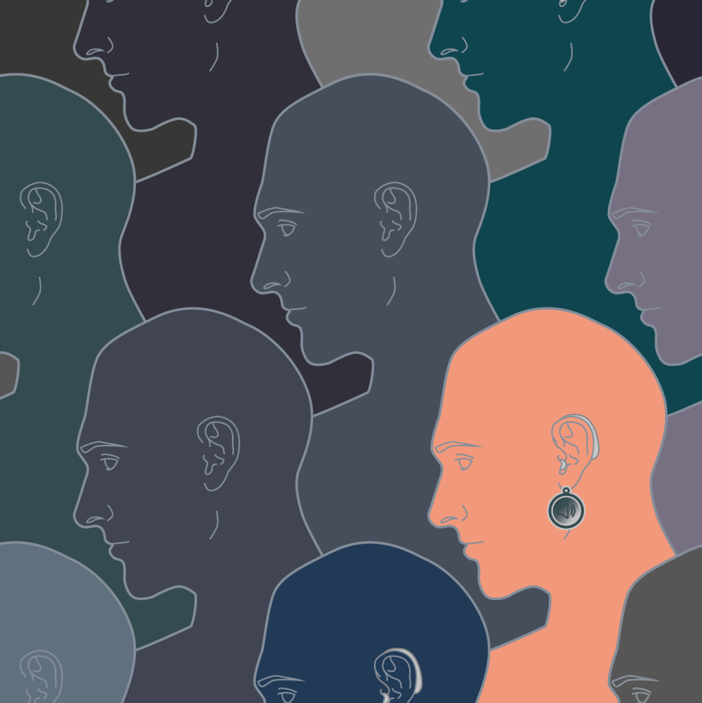 Poster of the M2.2 project, showing simple artwork of a many side-profiles looking to the left. A few wear a hearing aid, and one of them also wears an earring where a loudspeaker icon gradually appears.